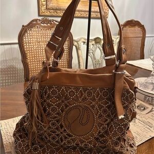 Brown Leather Handbag with Intricate Design